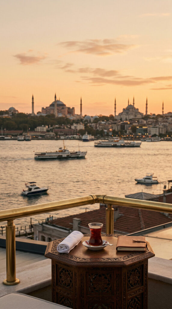 Sonnenuntergang am Bosporus und eine stille Tischszene