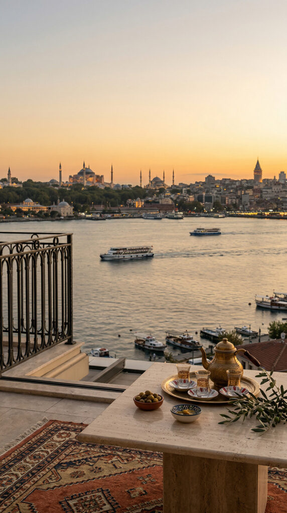 Sunset by the Bosphorus and a calm table setting