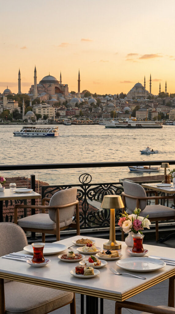 Boğaz kıyısında gün batımı ve dingin masa kurulumu